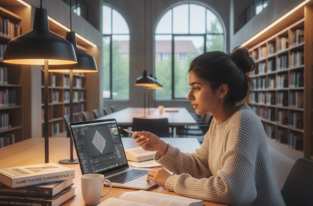 Indian scholar studying game design at a modern university library, laptop showing 3D modeling software — featured image for Gaming Careers Abroad 2026