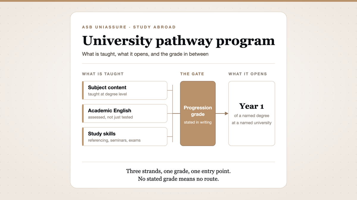 University pathway program structure showing three teaching strands leading to one progression grade and Year 1 entry